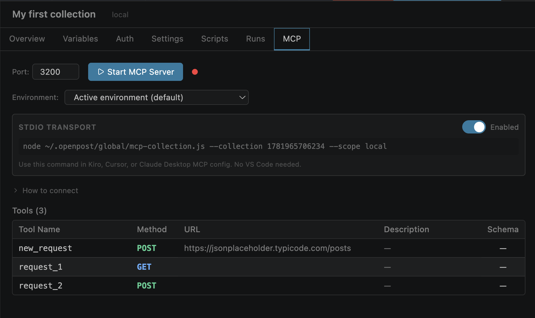 Collection MCP server panel showing tools and configuration